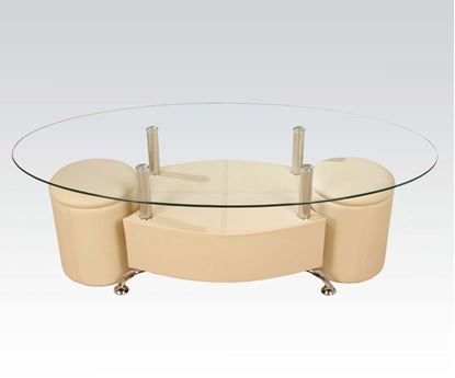 Picture of Glass Top Coffee Table w/2 Ottomans in Cream PU