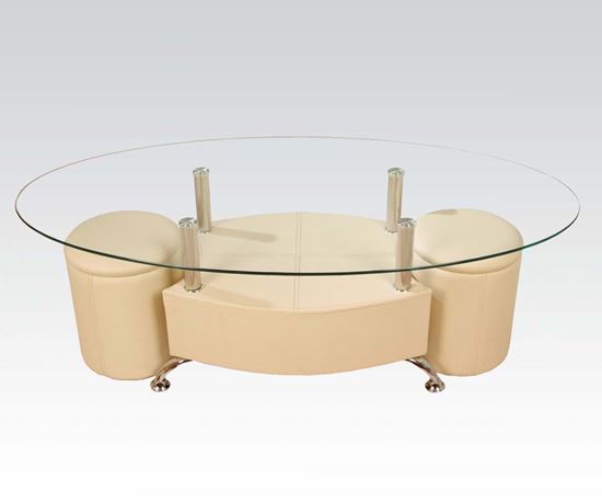 Picture of Glass Top Coffee Table w/2 Ottomans in Cream PU